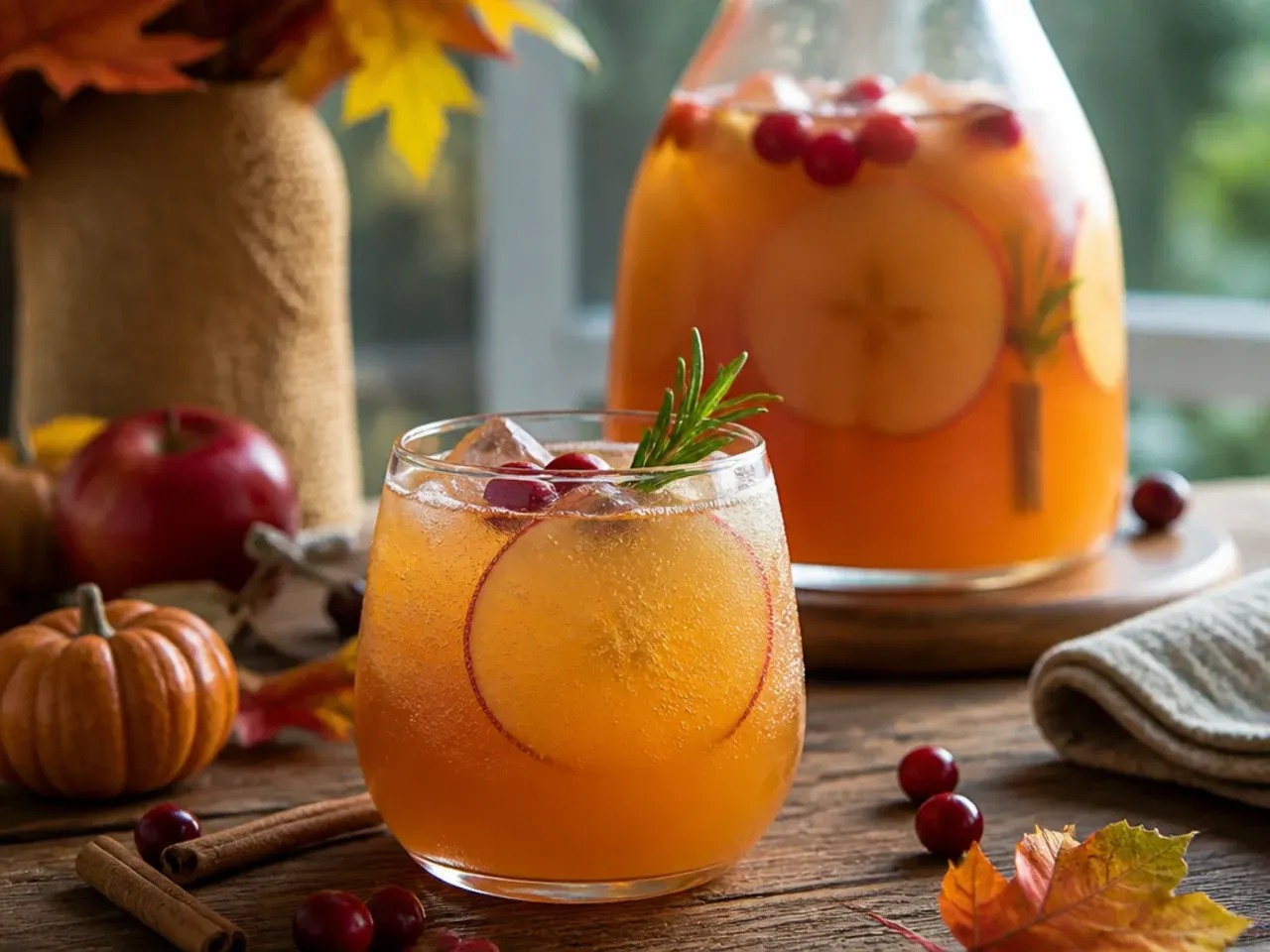 Pitcher of pre-mixed spiced cider punch base in the fridge next to a tray of frozen cranberry and cider ice cubes