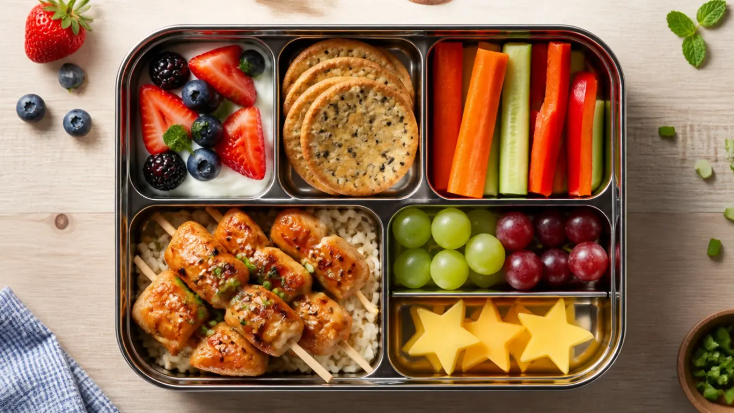 Open toddler bento lunch box with mini egg muffins, cucumber rounds, cheese cubes and berries in compartments