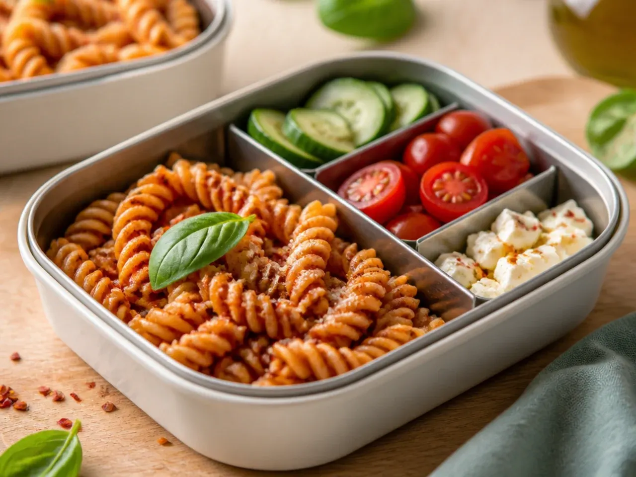 Toddler lunch box with an untouched new food next to empty compartments of familiar foods