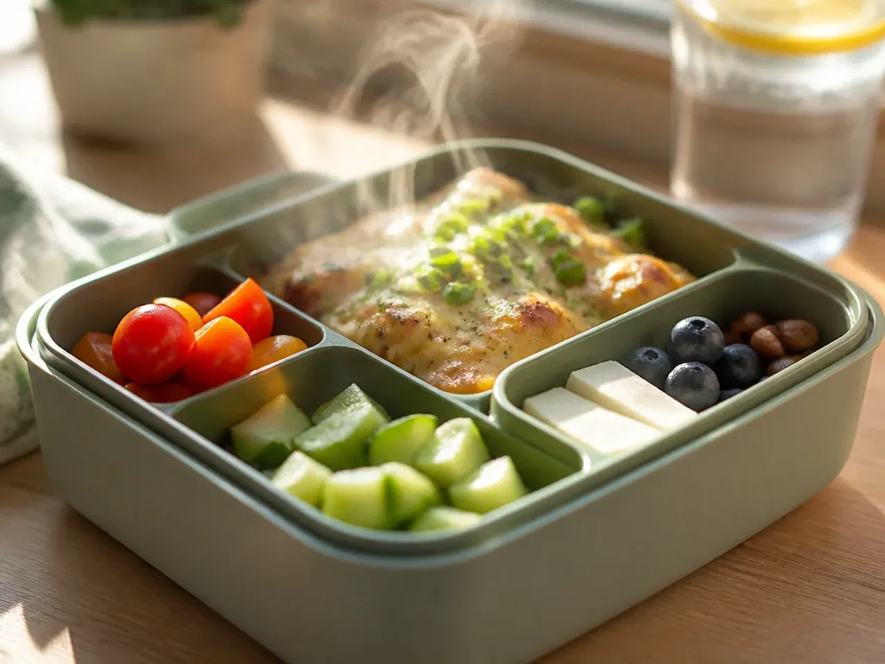 Compartmented bento box neatly divided with separate foods not touching each other
