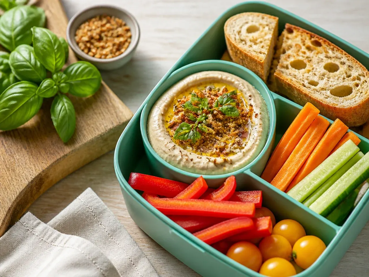 Toddler lunch box with carrot and cucumber sticks beside a small pot of hummus dip