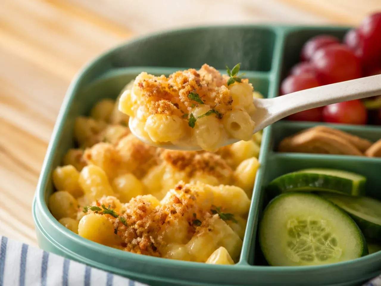 Handwritten sticky note with playful food names stuck inside a toddler lunch box lid