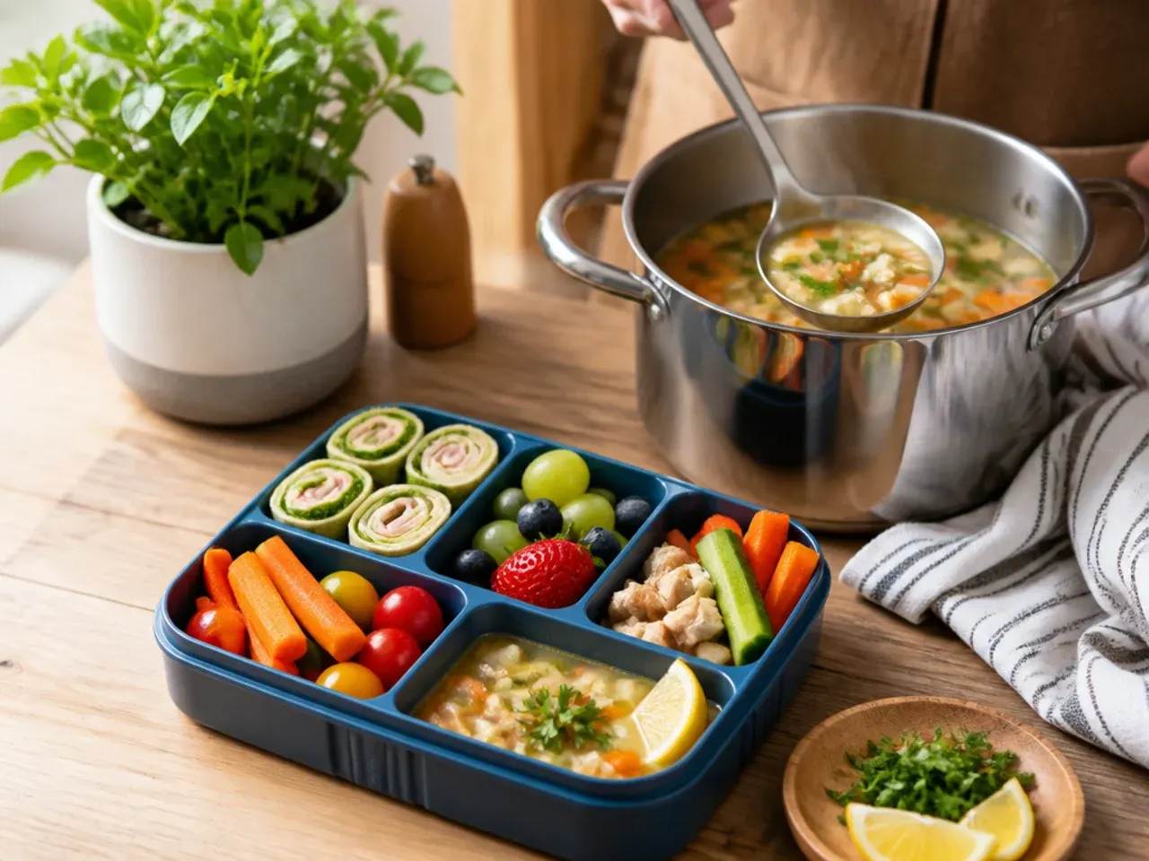 Colourful toddler lunch box with orange pepper, green cucumber, red strawberries and yellow cheese