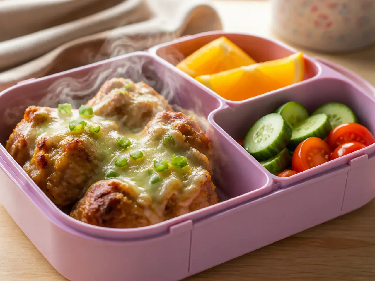 Toddler lunch box with cubed cheese and chicken as the central protein portion