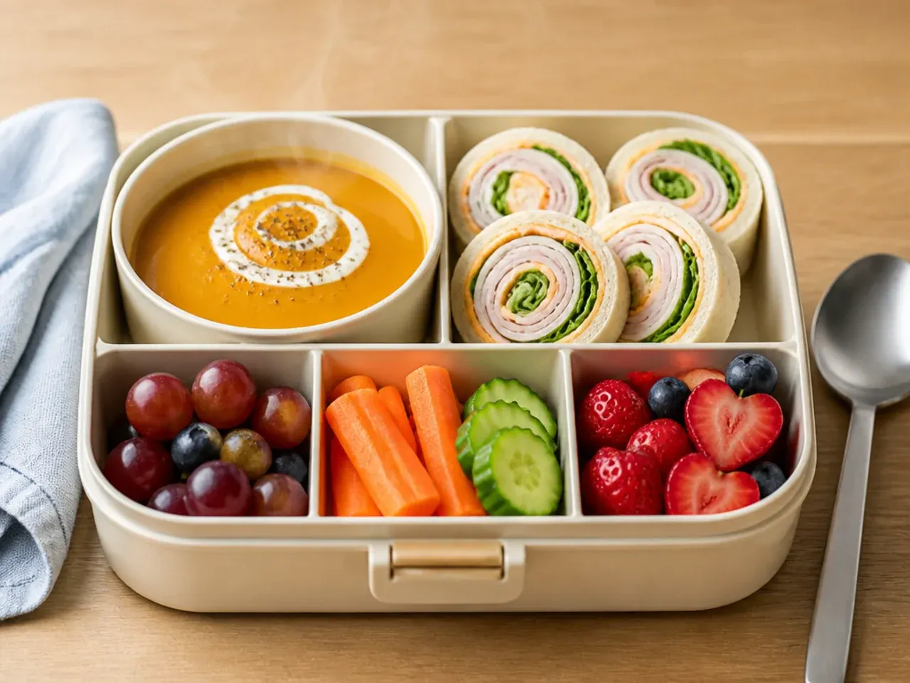 Sliced turkey and cheese tortilla pinwheels arranged in a toddler lunch box compartment