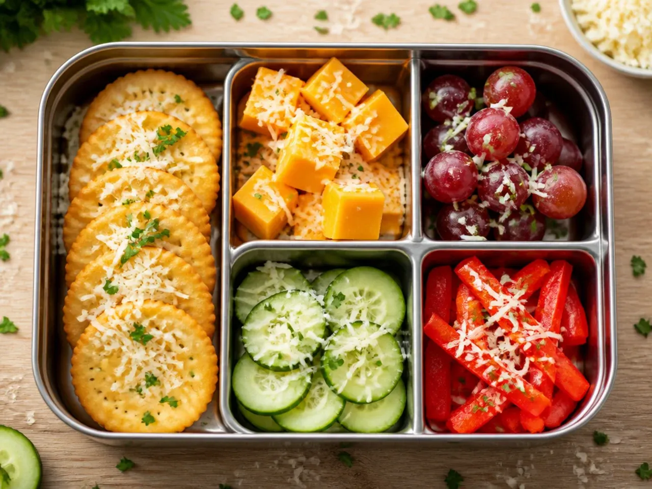 Simple backup lunch box with cubed cheese, plain crackers and apple slices
