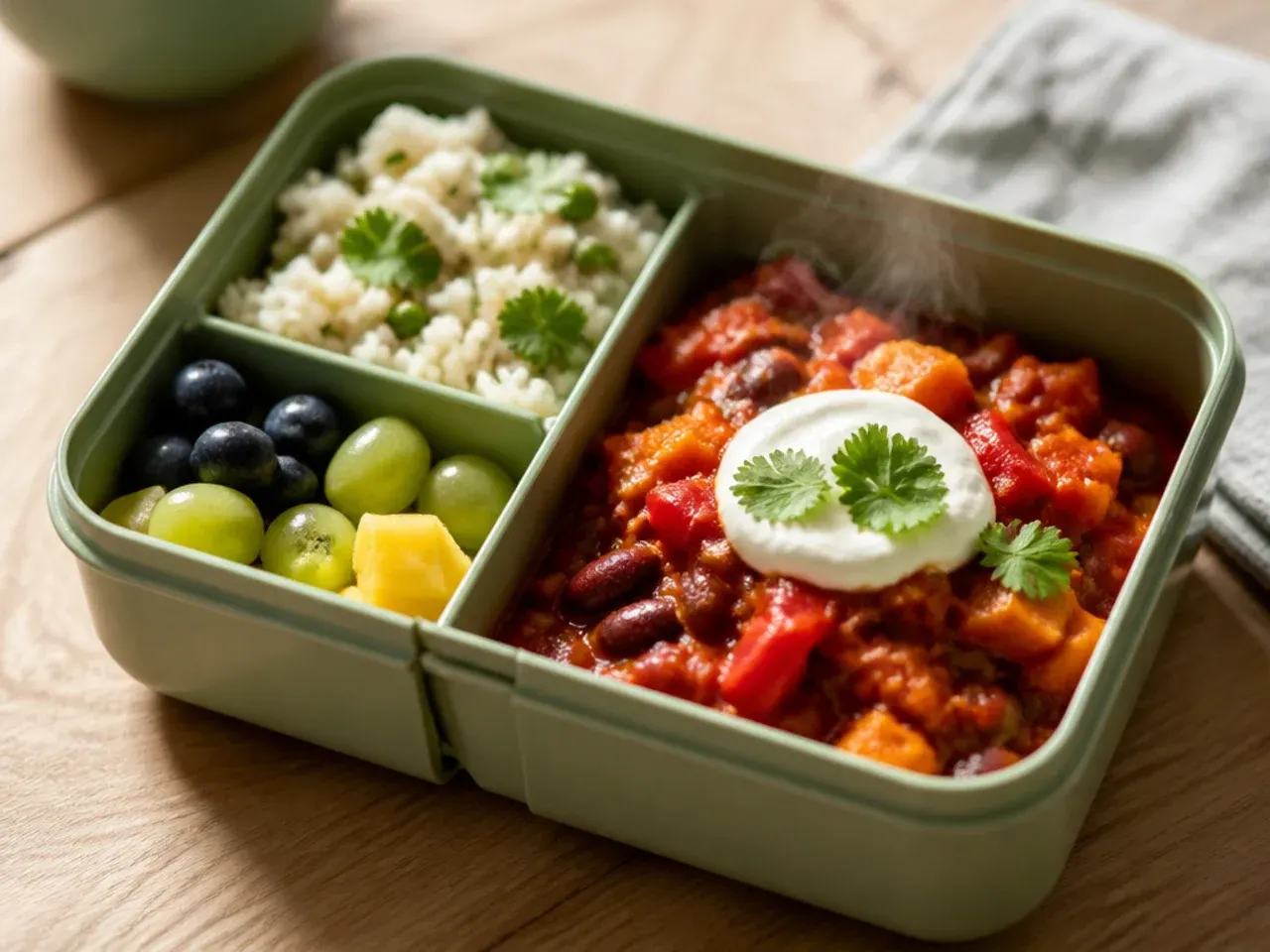 Nursery food policy document being read at a kitchen table next to a packed lunch box