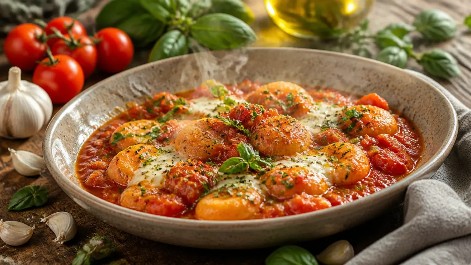 Overhead shot of a bubbling pot of rich tomato sauce surrounded by fresh tomatoes, basil and garlic on a rustic wooden table