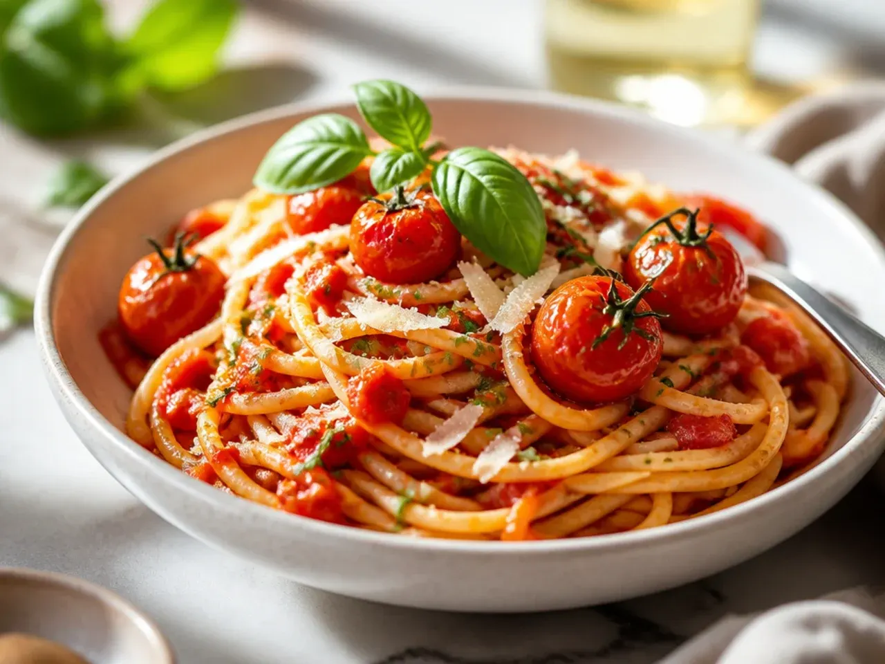 Collage of colourful tomato dishes including pasta, soup and bruschetta on a wooden table