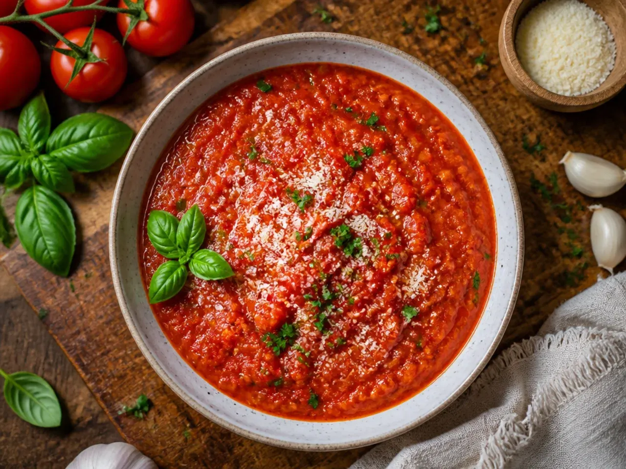 Pot of classic red marinara sauce simmering with fresh basil leaves on top