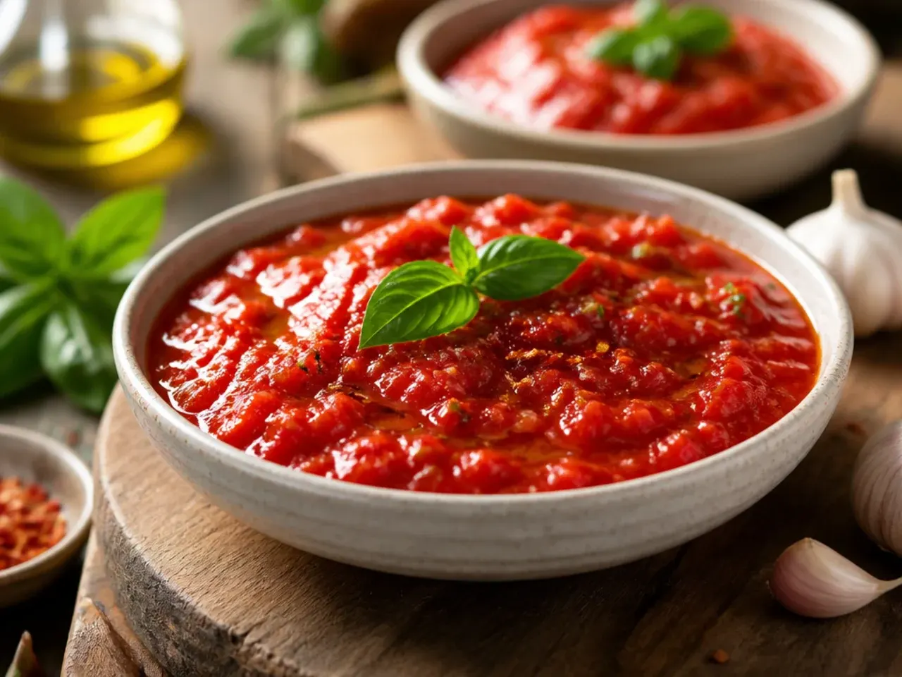 Bowl of pasta tossed with fresh raw tomato sauce and torn basil