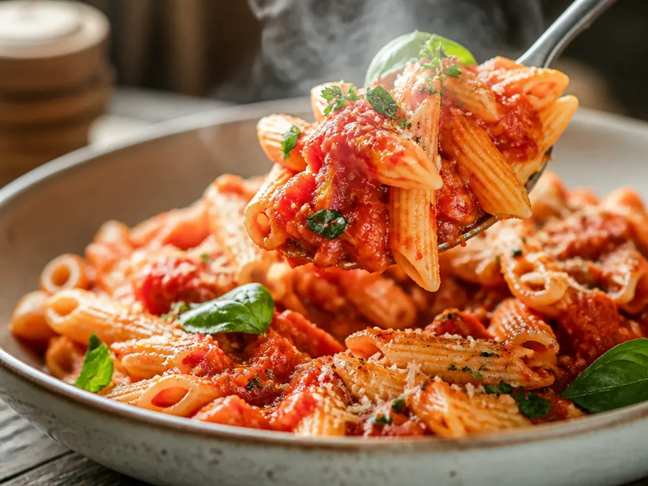 Roasted cherry tomatoes tossed through pasta with fresh basil leaves