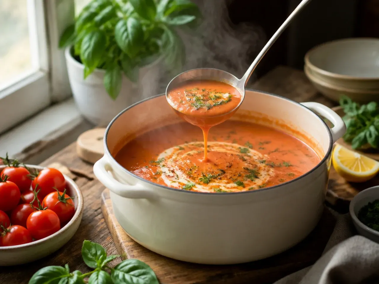 Bowl of creamy tomato soup with a swirl of cream and black pepper