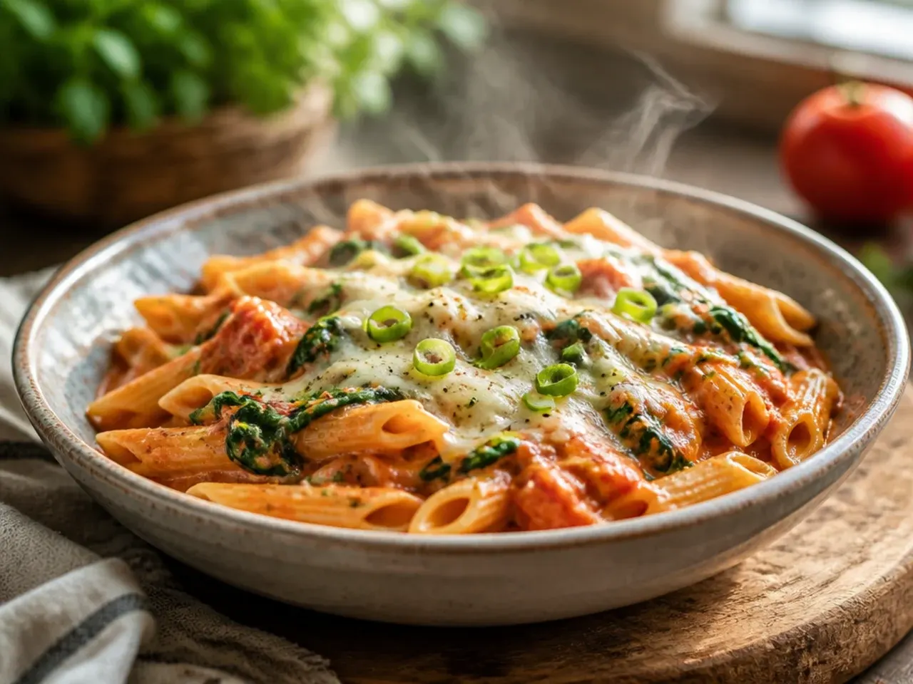 Creamy pink tomato and spinach pasta in a skillet