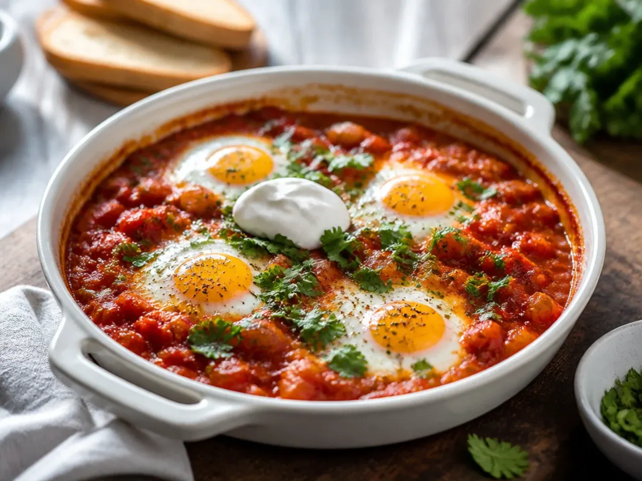 Cast iron skillet of shakshuka with poached eggs in spiced tomato sauce