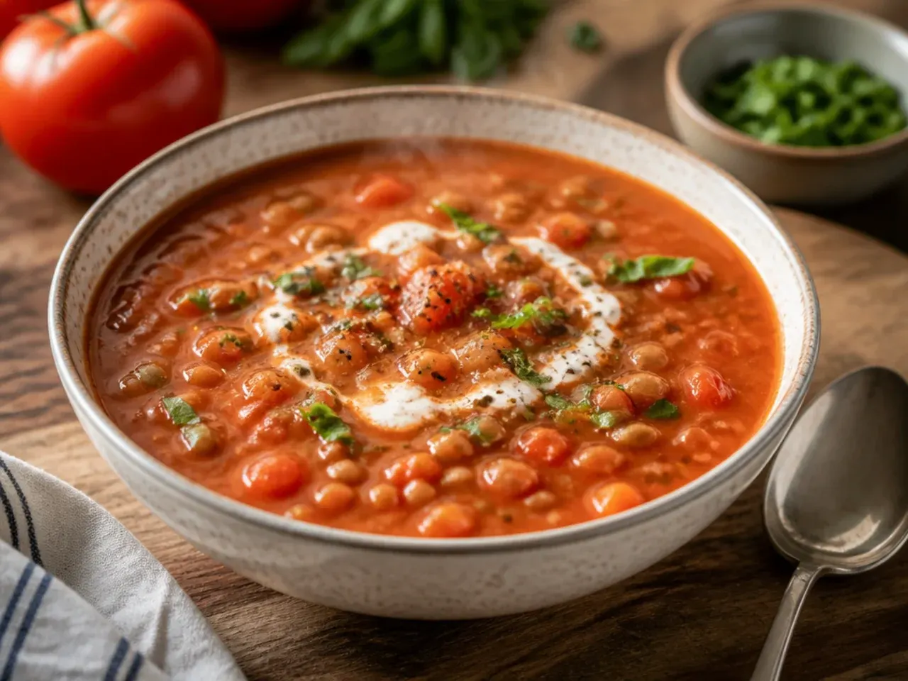 Bowl of thick tomato and red lentil soup with a lemon wedge