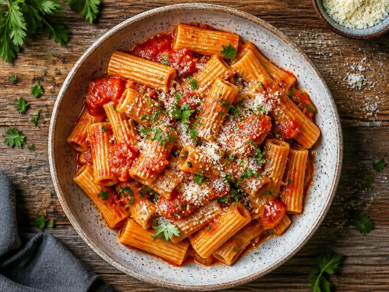 Simple bowl of tomato pasta with chickpeas and a scattering of parmesan