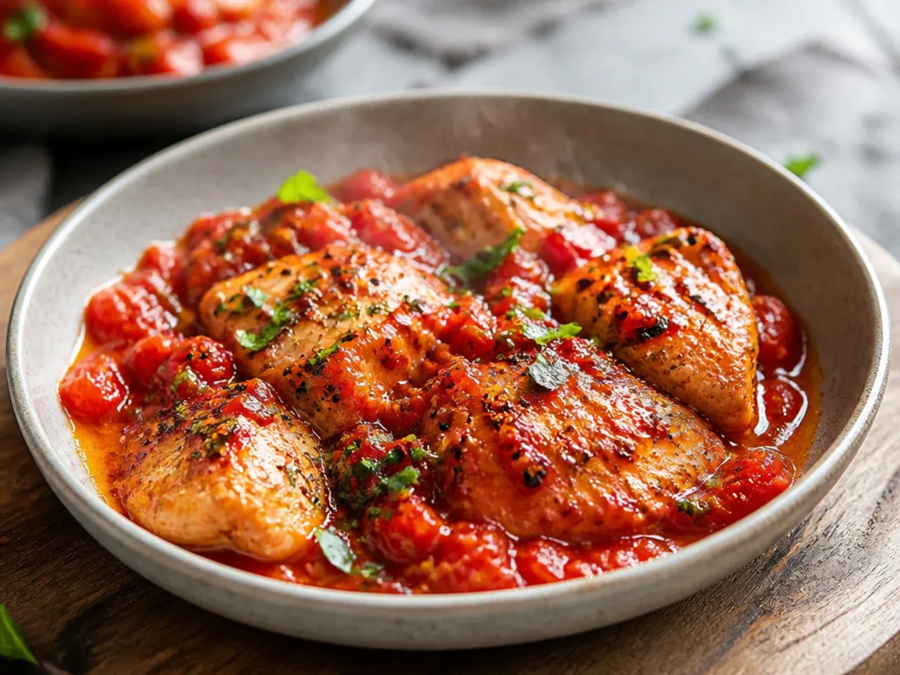 Chicken thighs simmering in tomato sauce in a single skillet