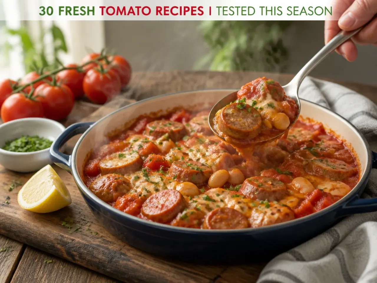 Bubbling baking dish of tomato sauce loaded with sausage, beans and melted mozzarella