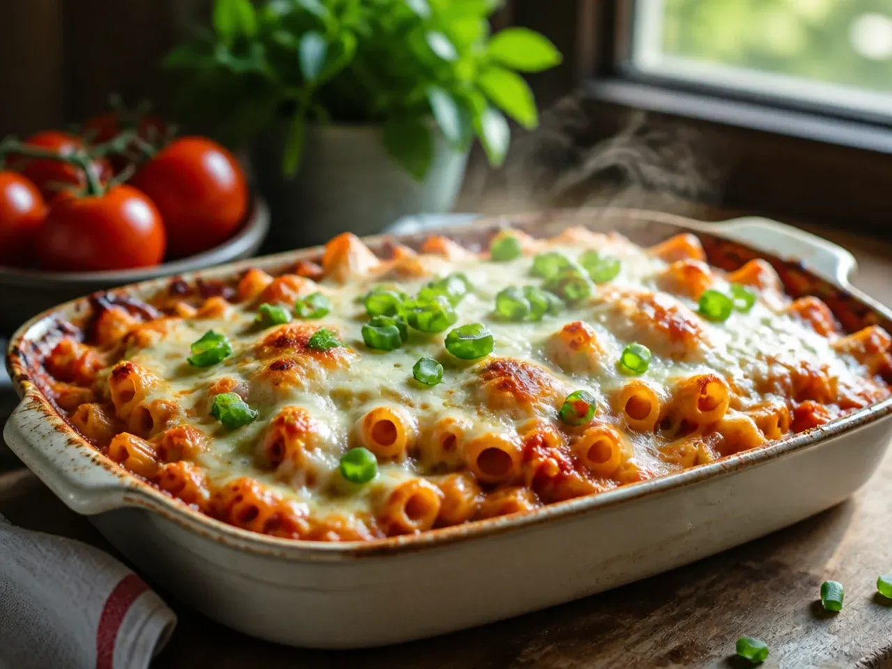 Baking dish of baked ziti in tomato sauce with golden bubbling cheese