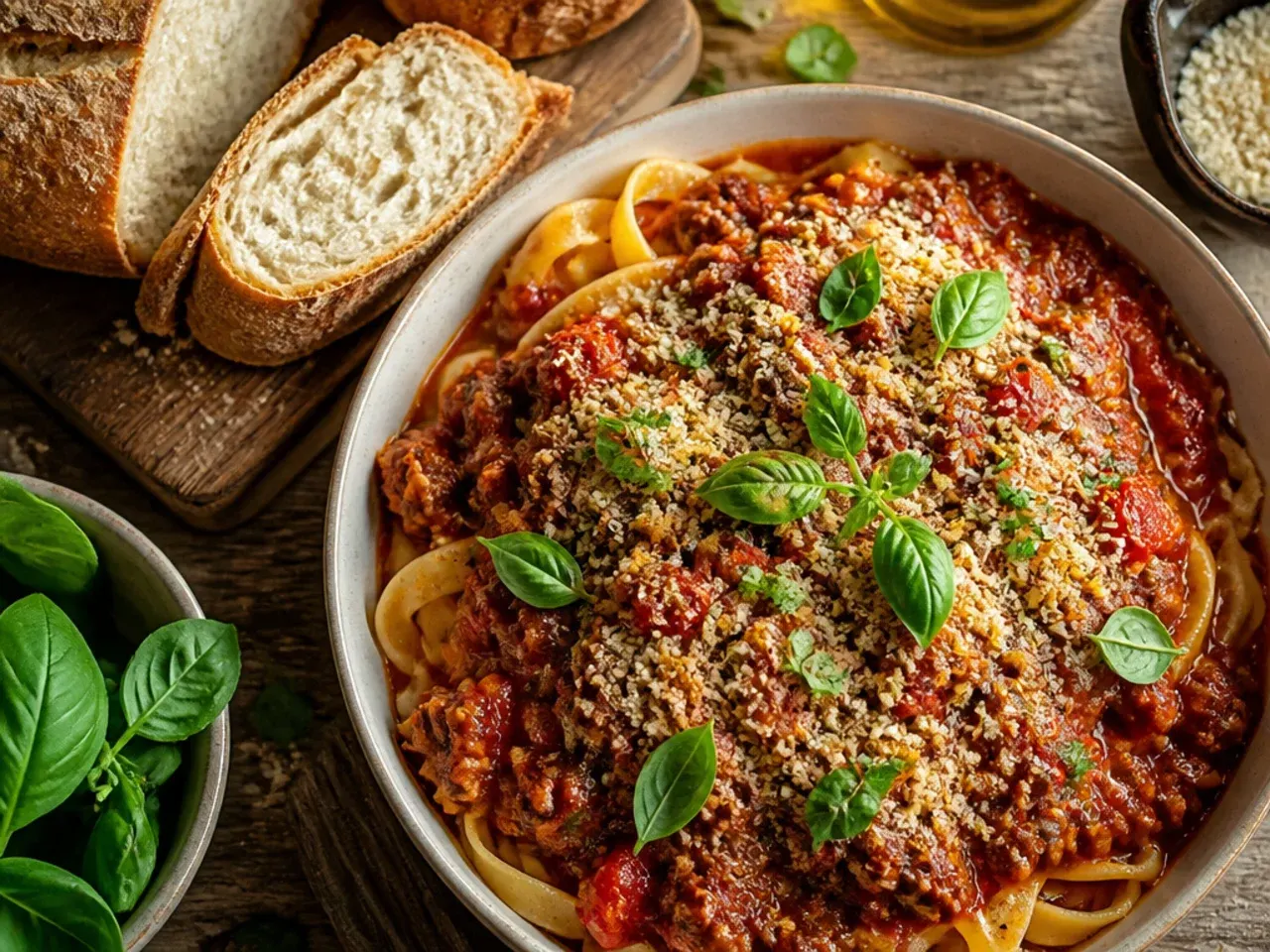 Rich, dark bolognese sauce simmering slowly in a heavy pot