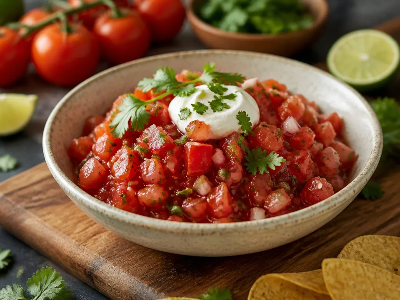 Bowl of chunky fresh tomato salsa with lime and coriander