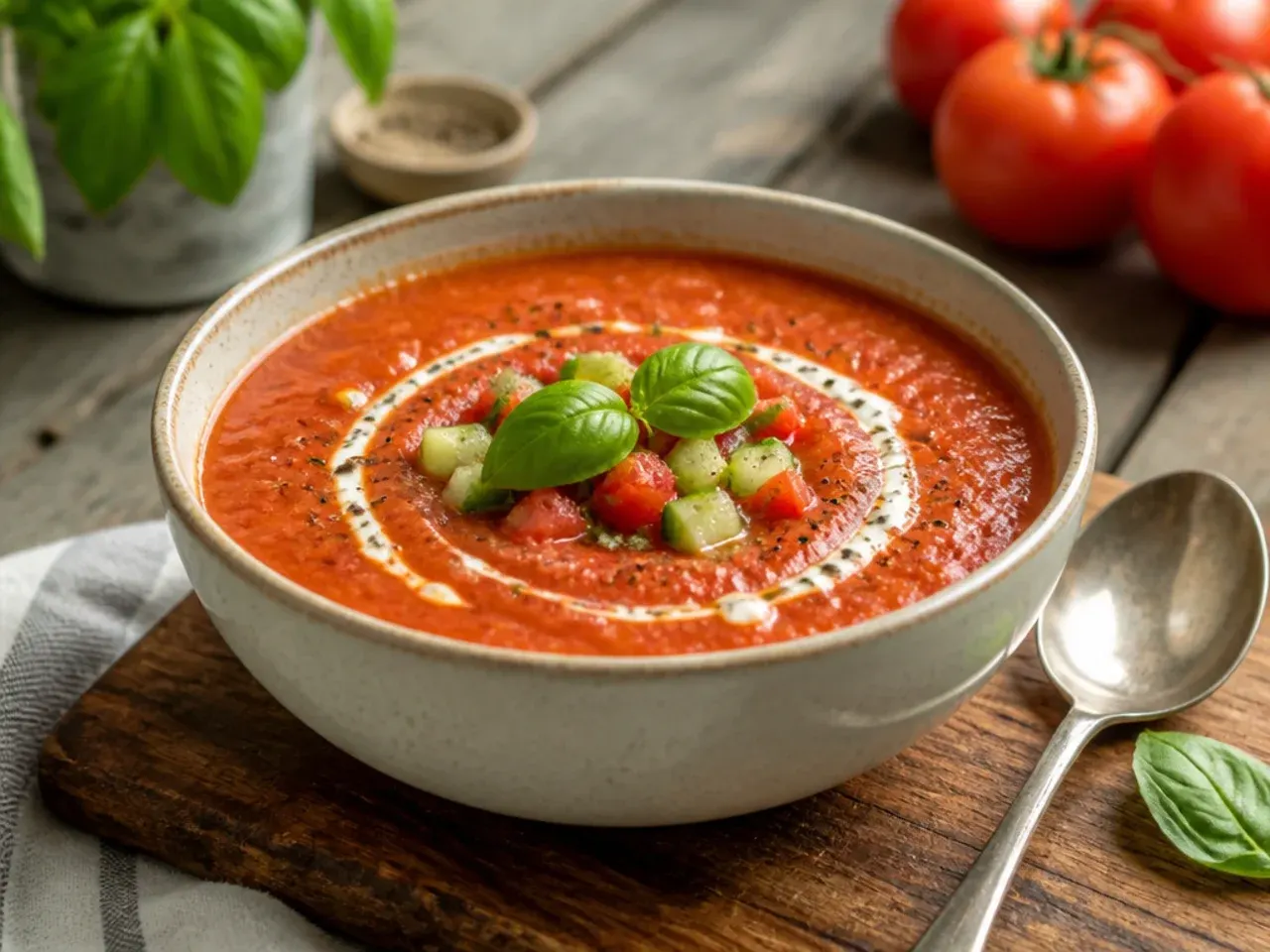 Glass bowl of chilled red gazpacho topped with diced vegetables and olive oil