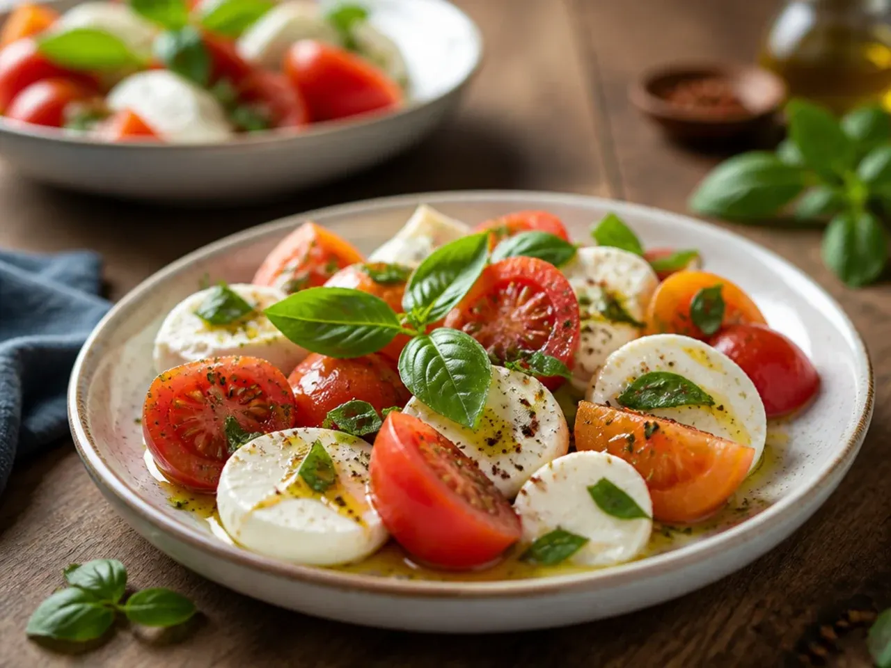 Sliced tomato and mozzarella salad drizzled with olive oil and basil