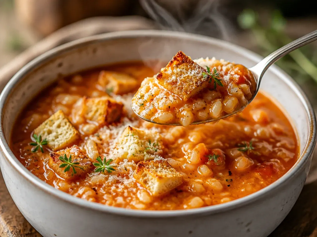 Bowl of hearty tomato and rice soup with steam rising