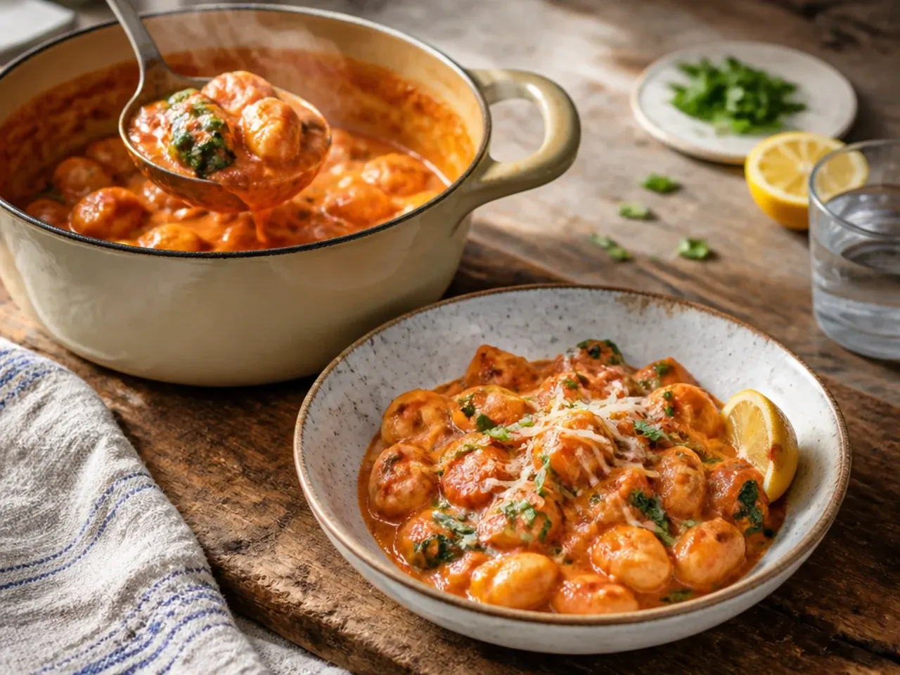 Skillet of pillowy gnocchi coated in creamy tomato sauce