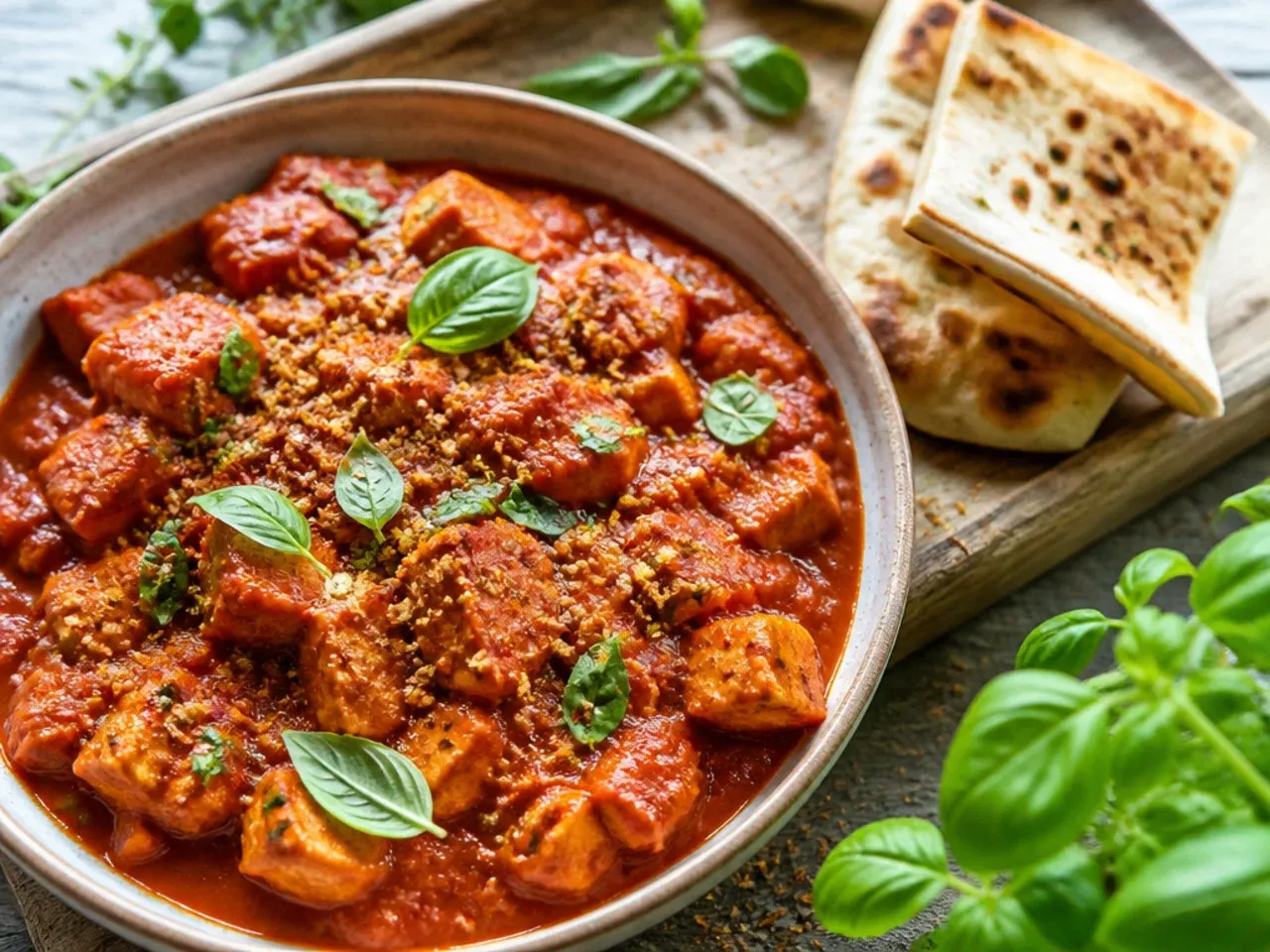 Bowl of vibrant orange tomato curry served over rice