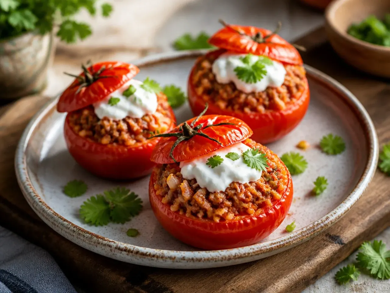 Baking dish of stuffed beef tomatoes filled with herbed rice