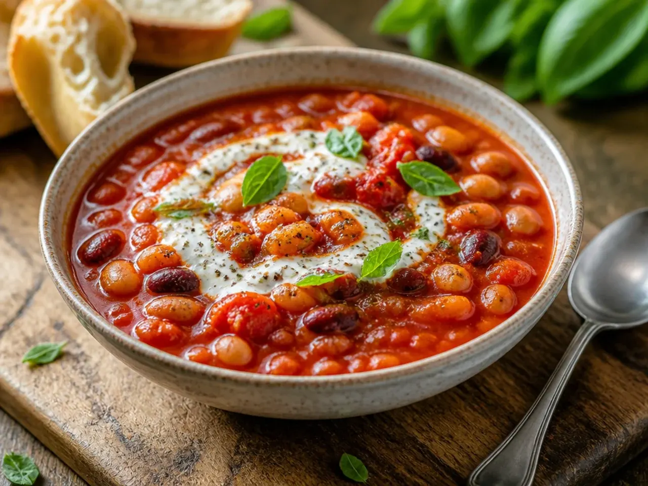 Pot of hearty tomato and mixed bean stew with a wooden spoon