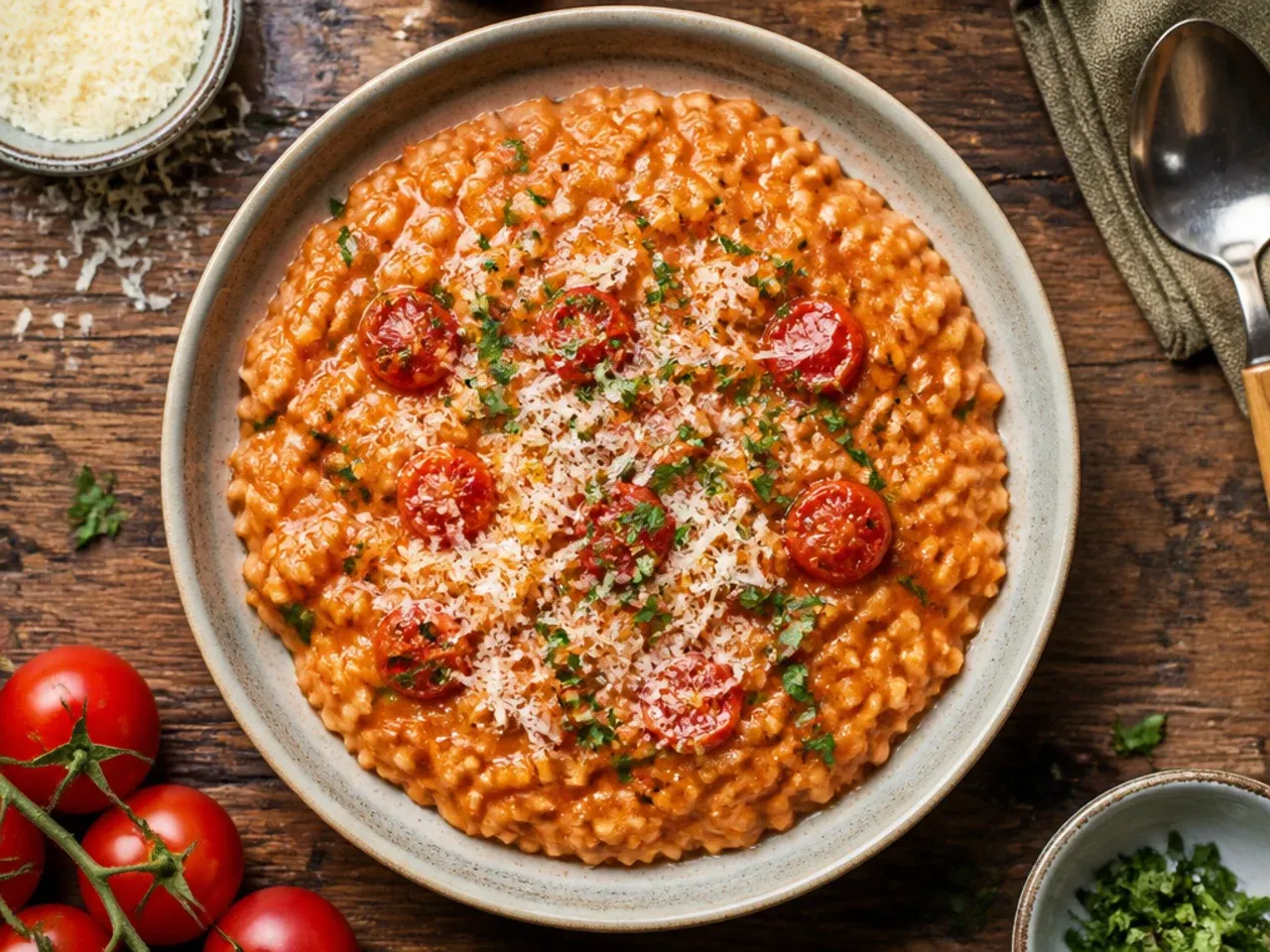 Creamy tomato-red risotto in a shallow bowl topped with parmesan