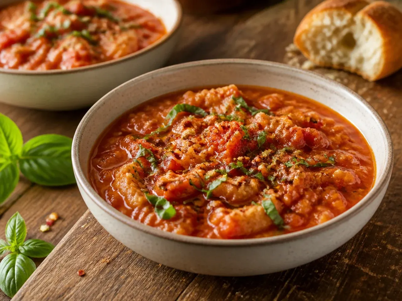 Rustic bowl of thick Tuscan tomato and bread soup drizzled with olive oil