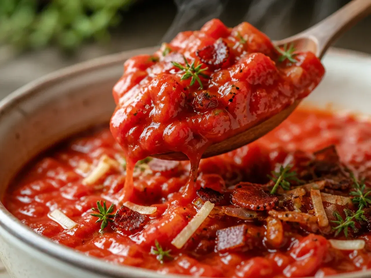 Spoon spreading thick tomato pizza sauce over a raw pizza base