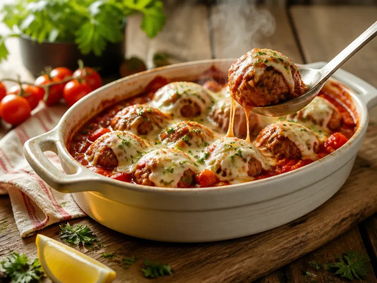 Skillet of meatballs simmering in rich tomato sauce