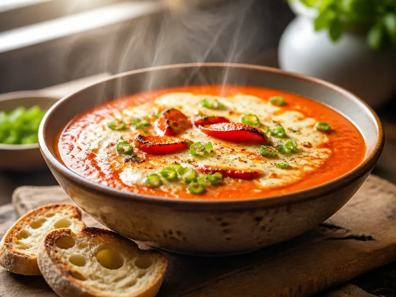 Bowl of orange-red tomato and roasted pepper soup with a cream swirl