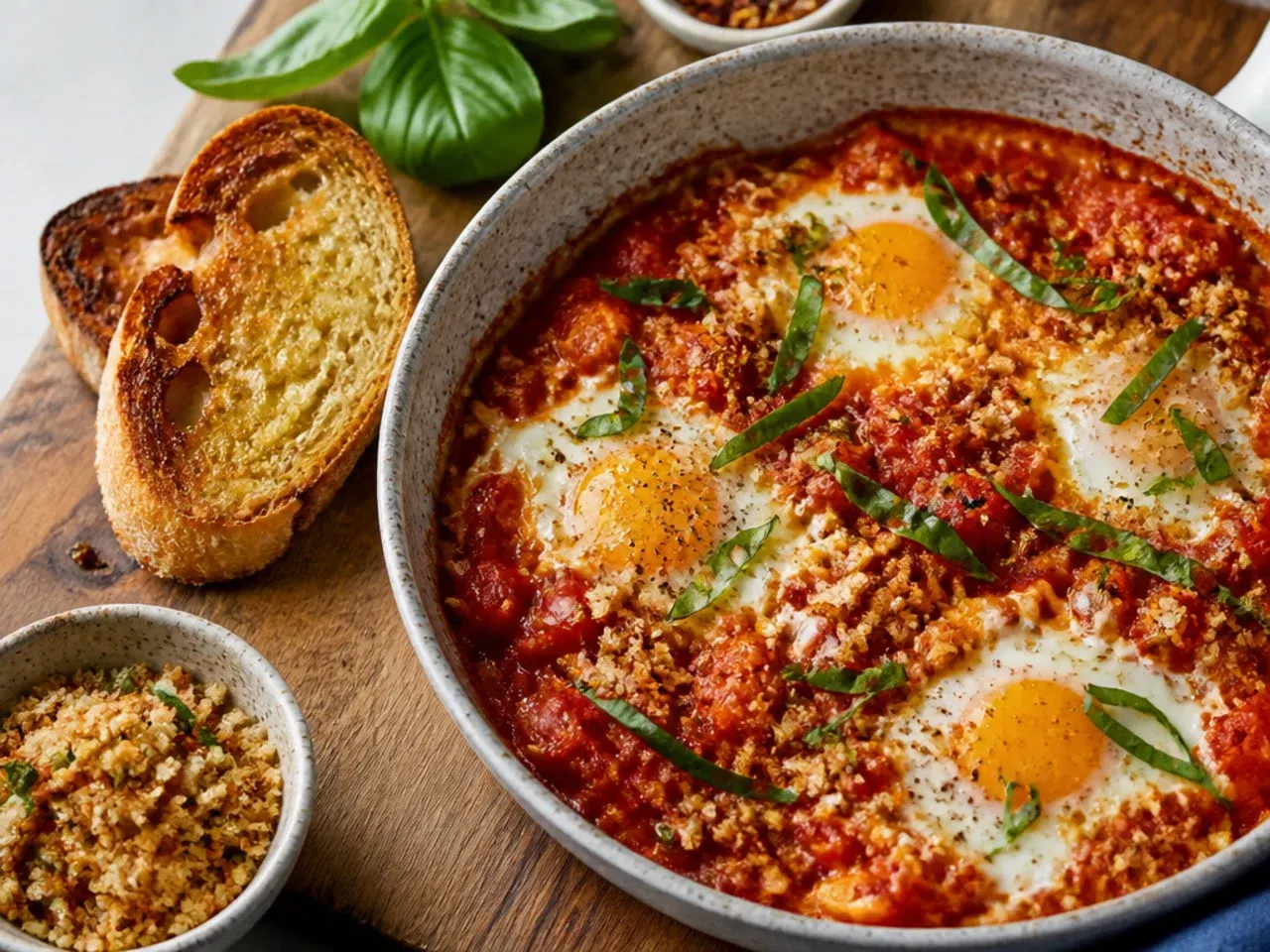 Small skillet of eggs poached in tomato sauce for a single serving