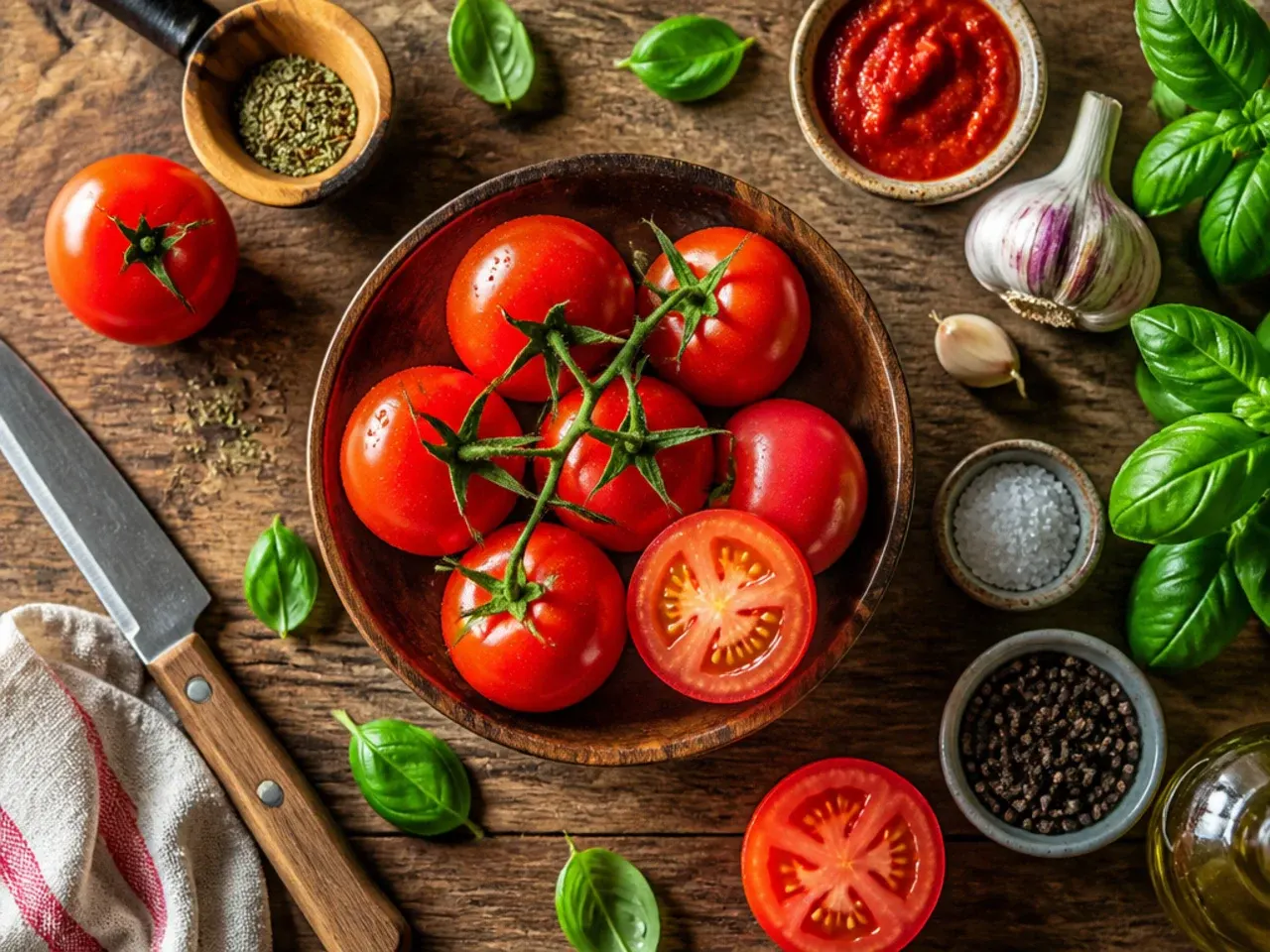 Close-up of hands crushing tinned tomatoes with a wooden spoon in a pan