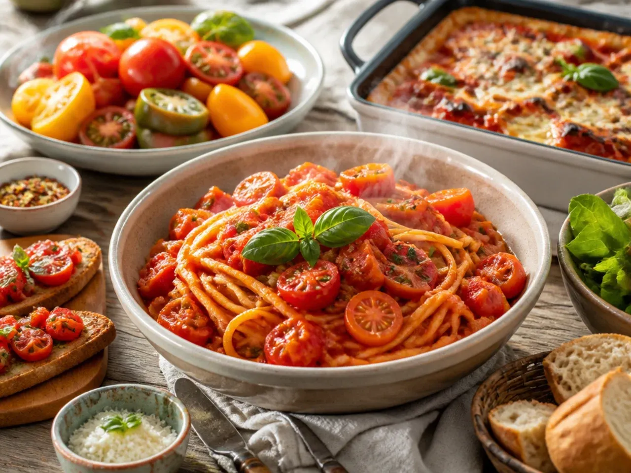 Table spread of tomato pasta, soup and bread ready to serve