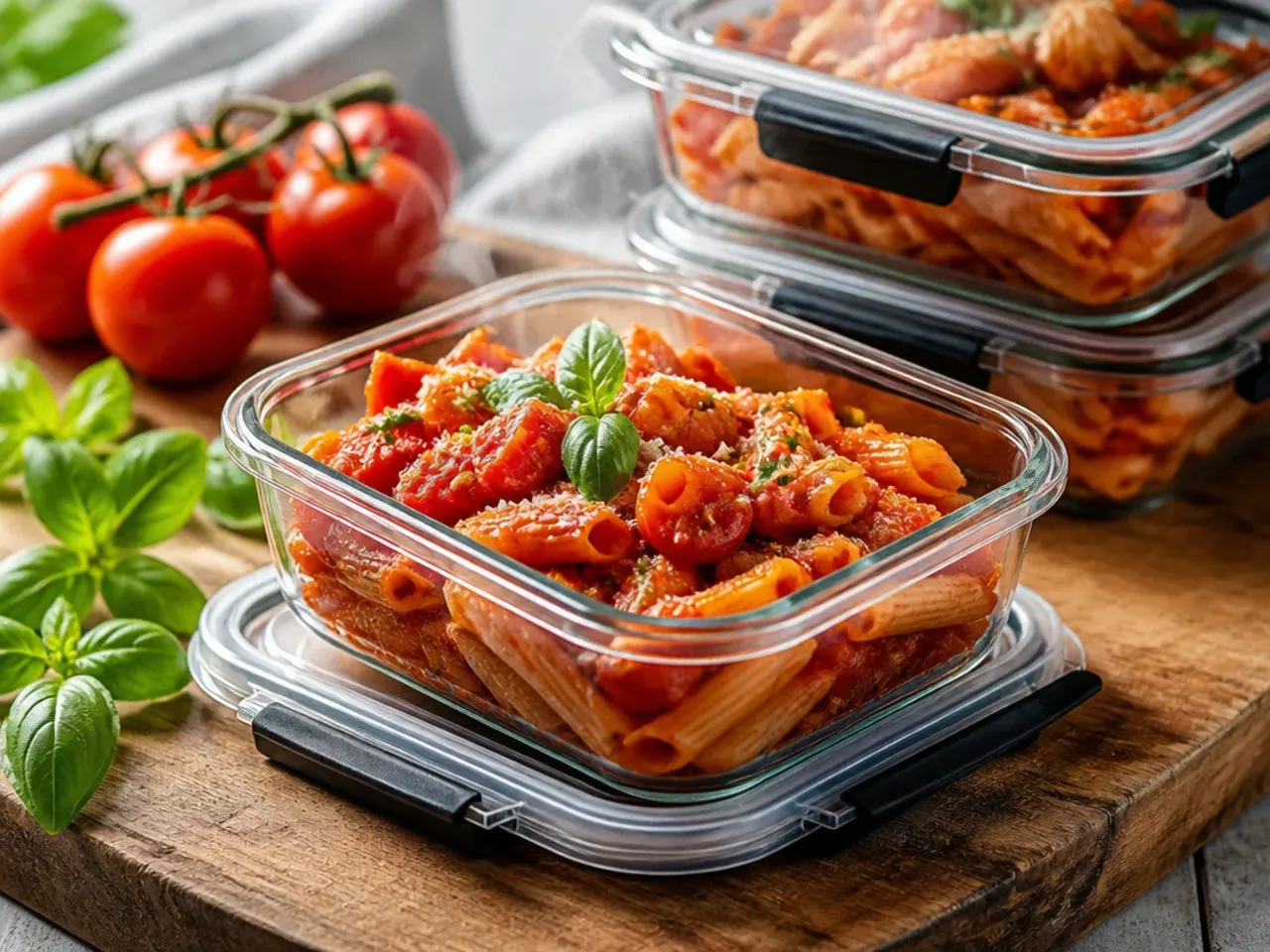 Glass containers of stored tomato sauce and soup in the fridge