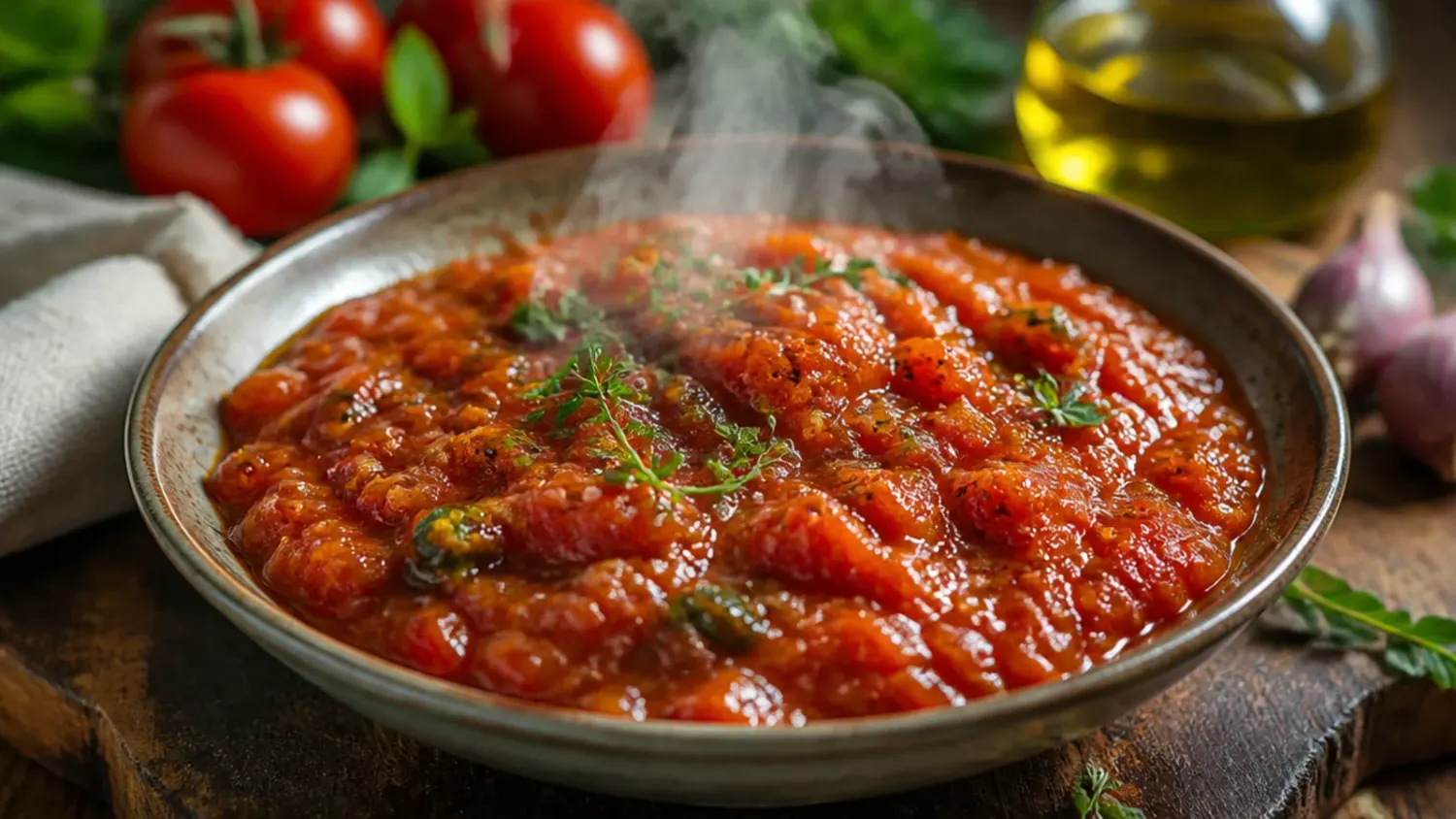 A jar of glossy amber tomato chutney with a wooden spoon, surrounded by fresh tomatoes, onions and small jars ready for filling