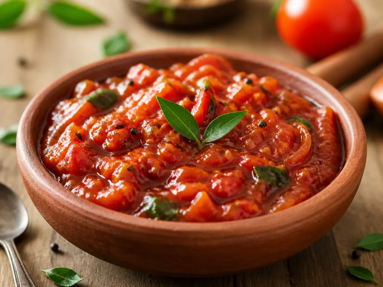 Overhead shot of ripe red tomatoes, onions, garlic and a jar of chutney laid out on a wooden table