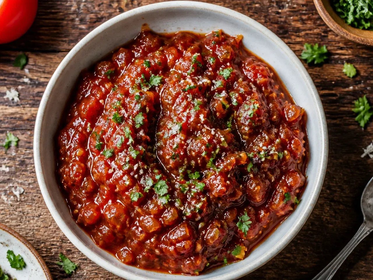 A pan of classic amber tomato chutney simmering with visible onion and tomato pieces
