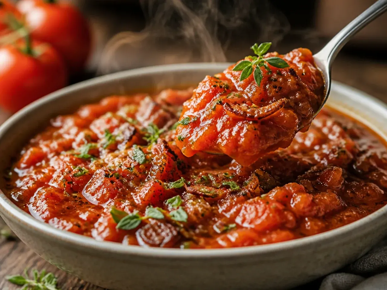 Fresh tomato chutney with torn basil leaves scattered on top in a white bowl