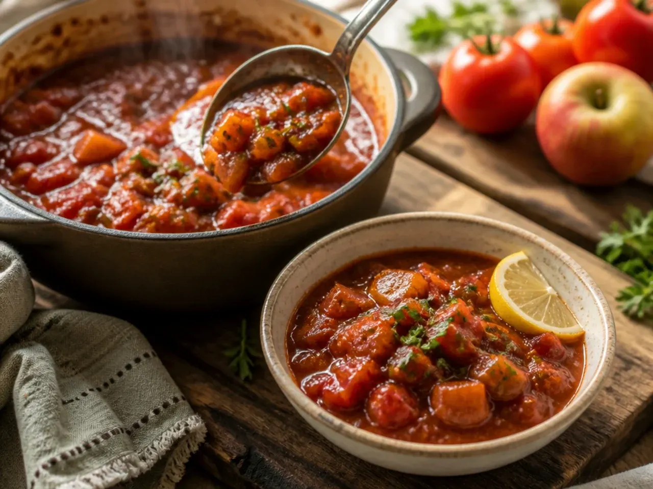 Diced apples and tomatoes cooking together in a spiced chutney base