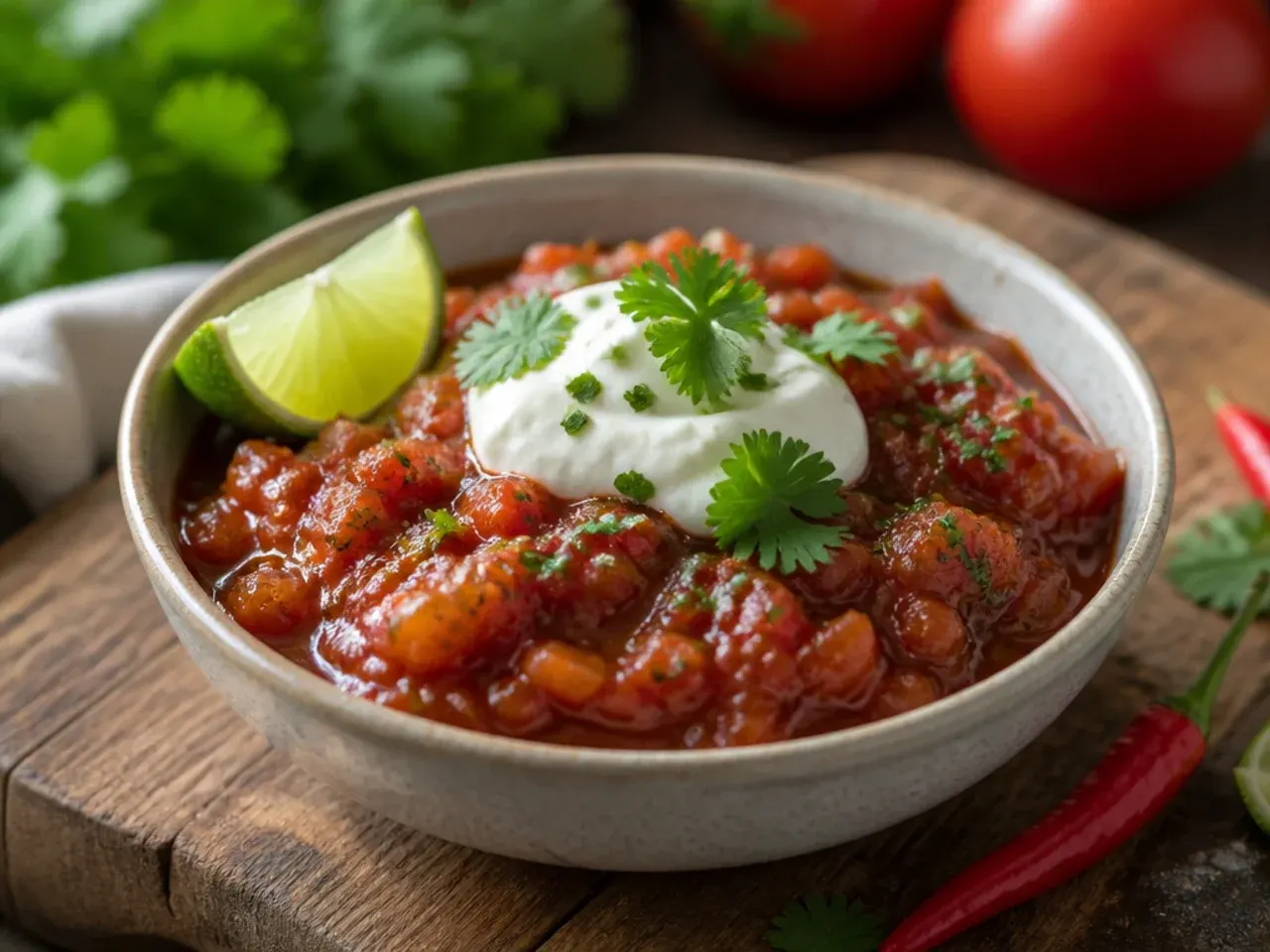 Zesty tomato chutney with lime wedges and sliced red chilli alongside