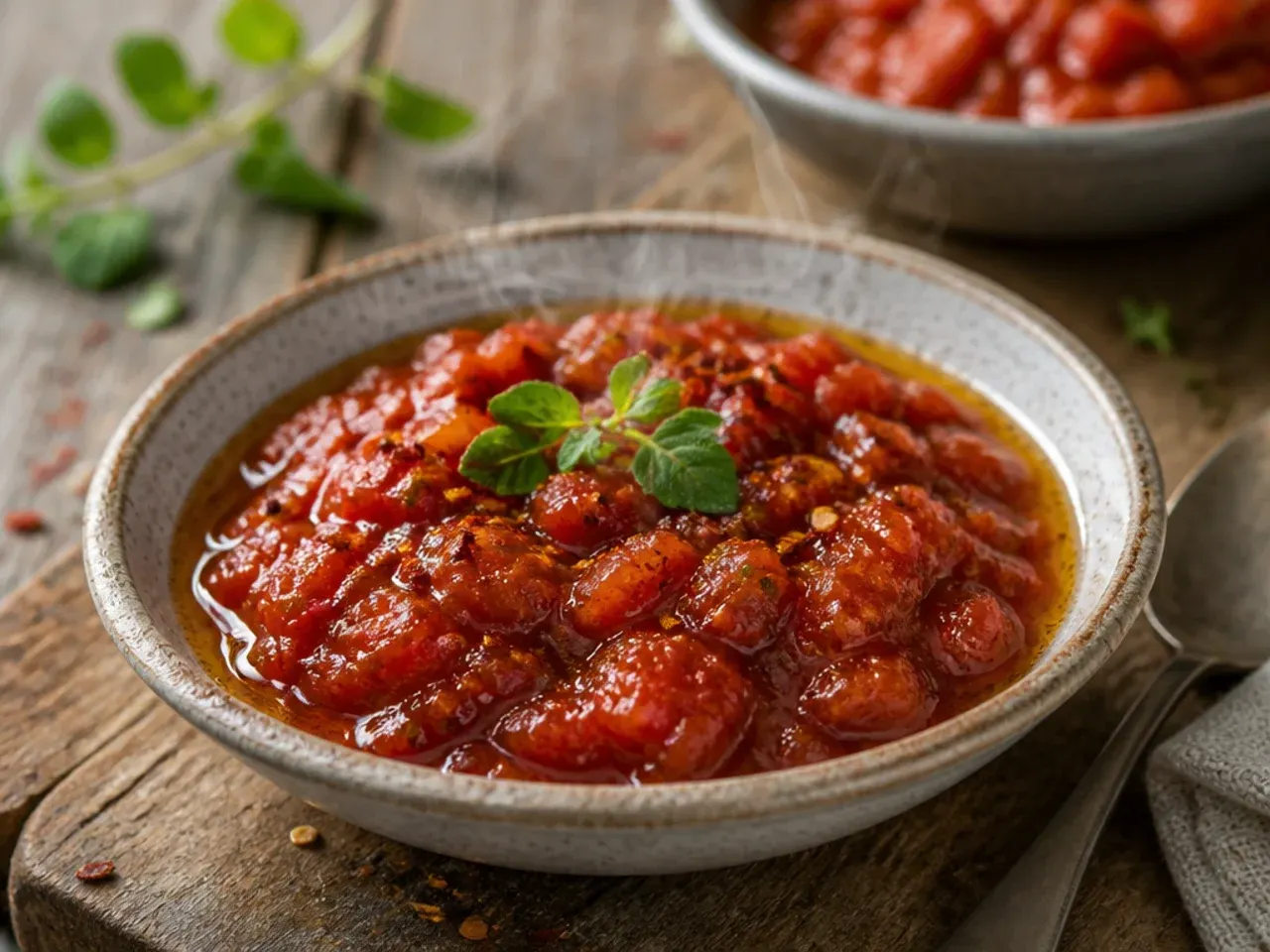 Tomato chutney cooking in a slow cooker with the lid resting to the side