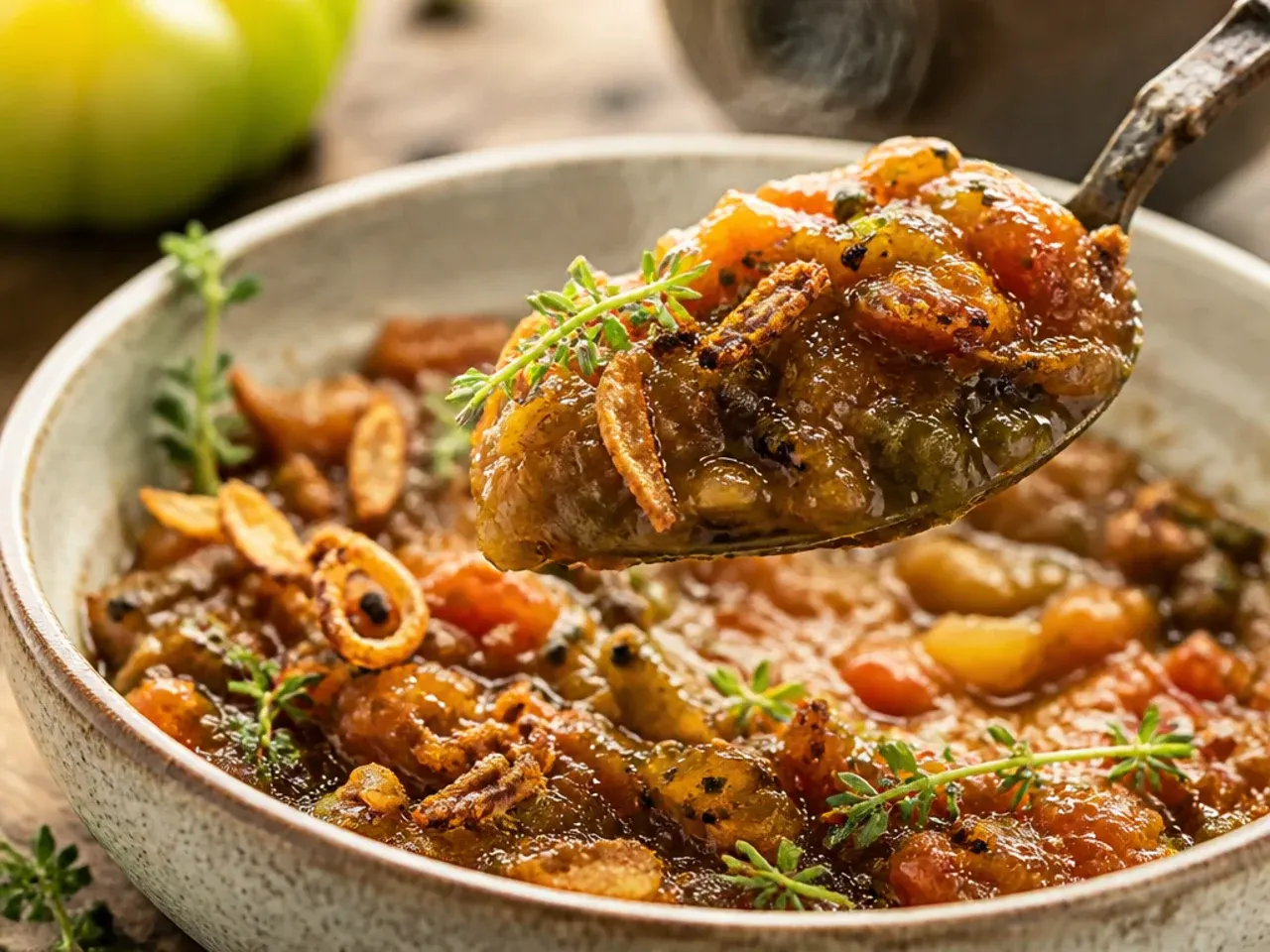 Chunky green tomato chutney in a rustic bowl with unripe tomatoes nearby
